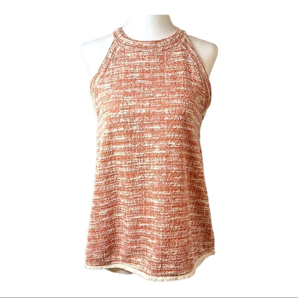 𝅺W5 marled pinkish orange white sleeveless high neck fringe hemline size XS
